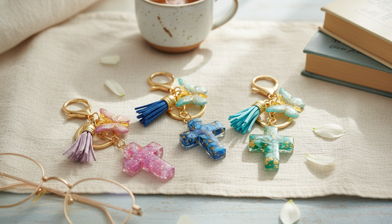 Bright Resin Cross Keychain with Butterfly Tassel Charm