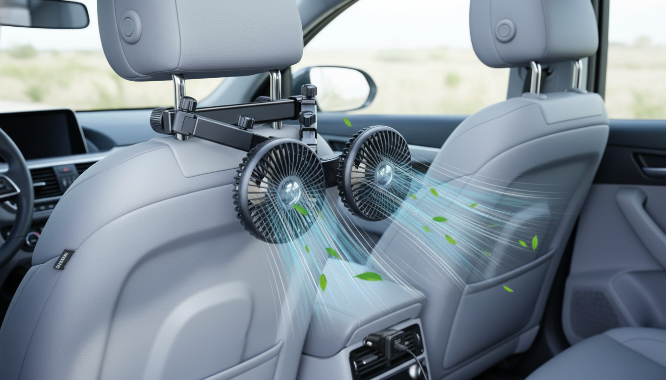 Dual-Head Car Fan: Plug-In or Battery, Strong & Quiet
