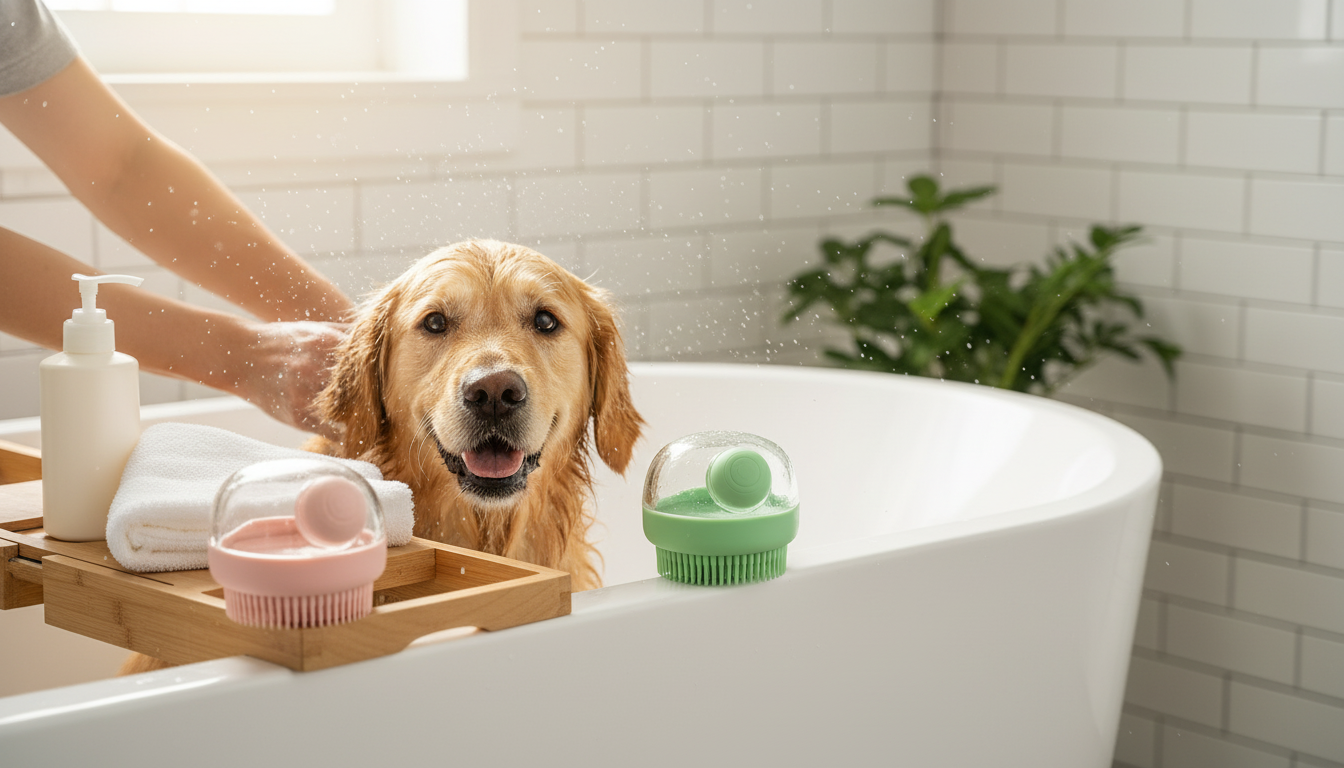 Faster Dog Baths: Silicone Brush with Soap Dispenser