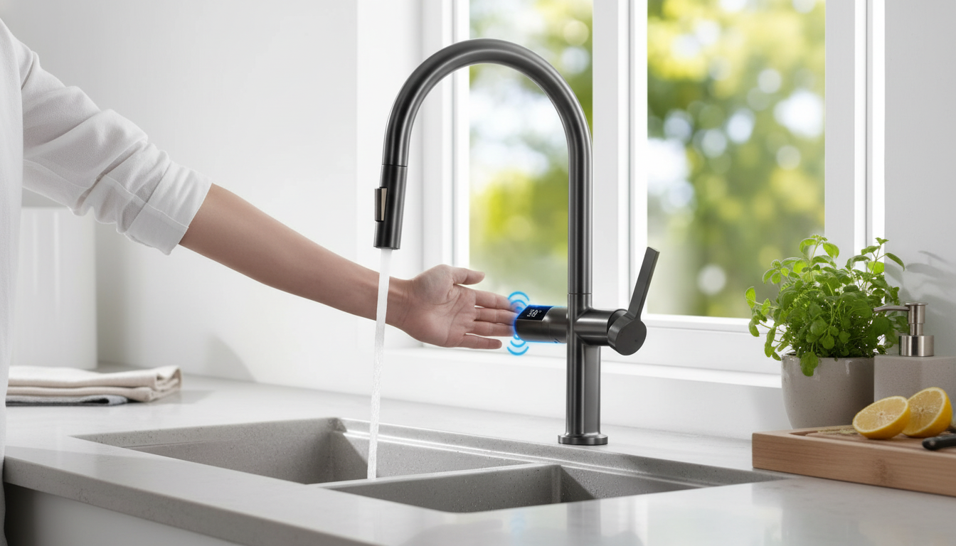 Gun Gray Brass Pull-Down Faucet with Digital Temp Display
