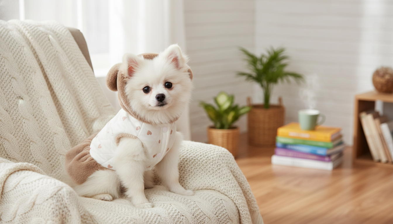 Heart-Print Pet Jacket Dress with Bear-Ear Hood
