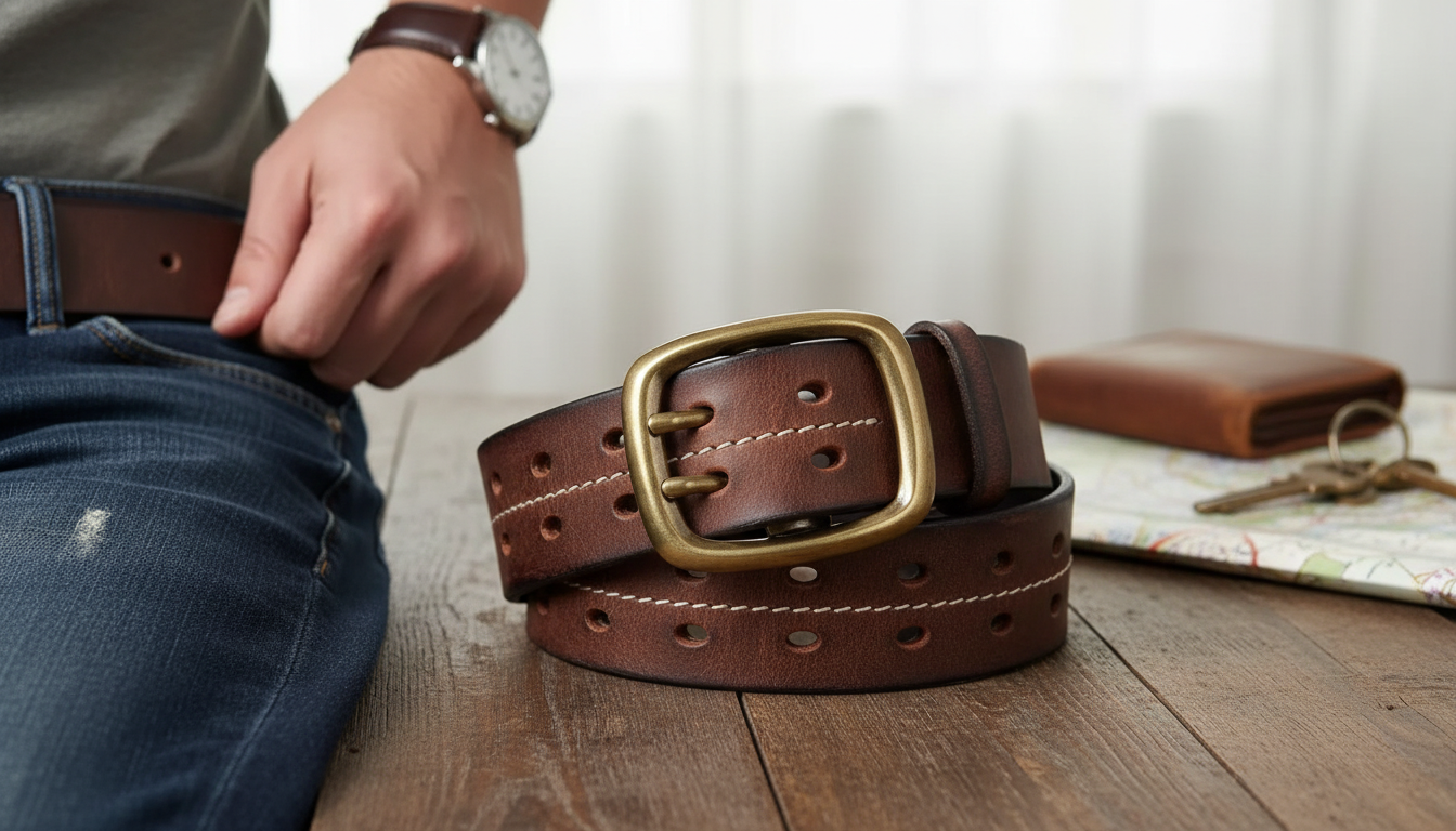 Heavy-Duty Cowhide Jeans Belt: Vintage Double Prong