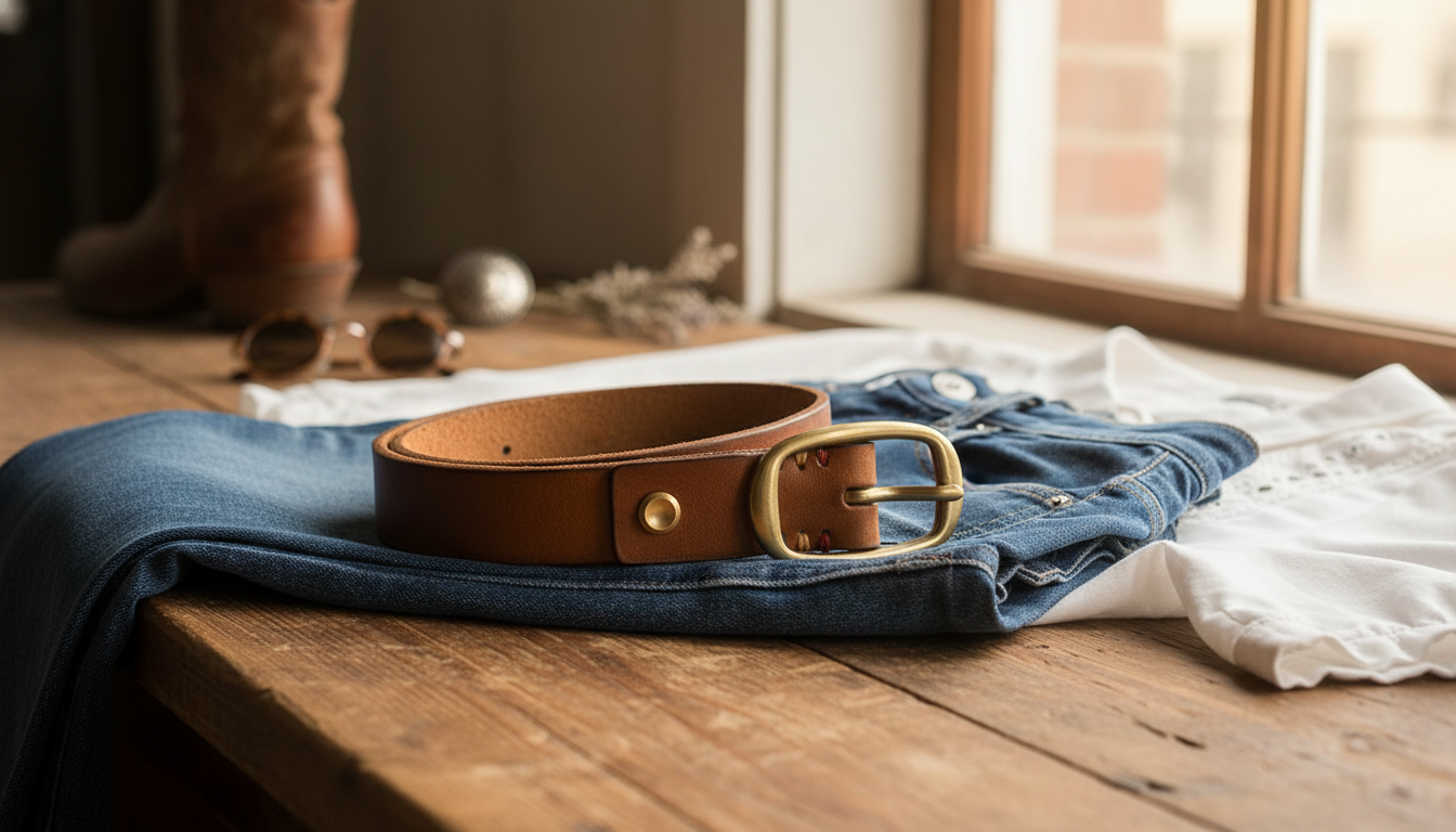 Narrow Cowhide Belt with Brass Buckle: Retro Western Style