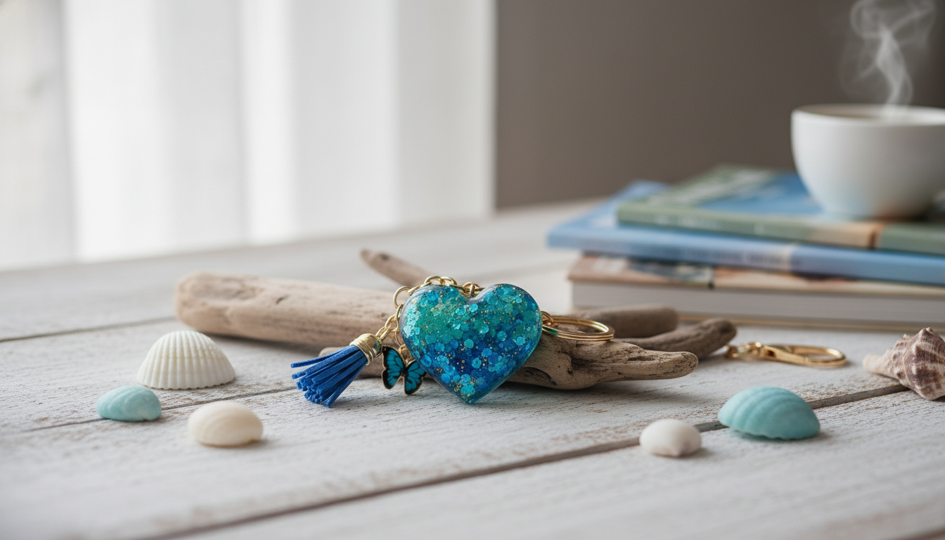 Sea-Blue Sequin Heart Initial Keychain + Butterfly Charm