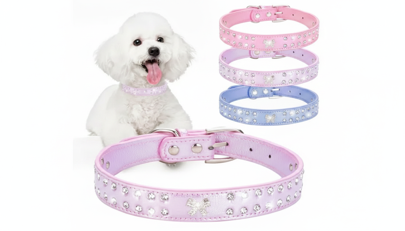 Shiny Rhinestone PU Dog Collar: Easy-Clean Sparkle
